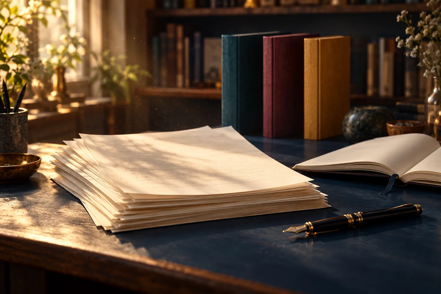 Manuskriptseiten, Bücher und Füller auf einem dunkelblauen Schreibtisch im warmen Licht